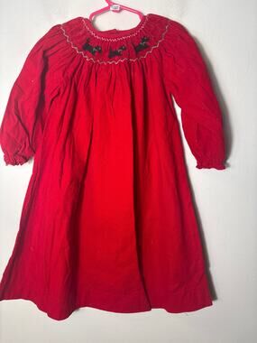Girls Vintage Be Mine Red Corduroy 3/4 sleeve Smocked Dog Dress Sz 4